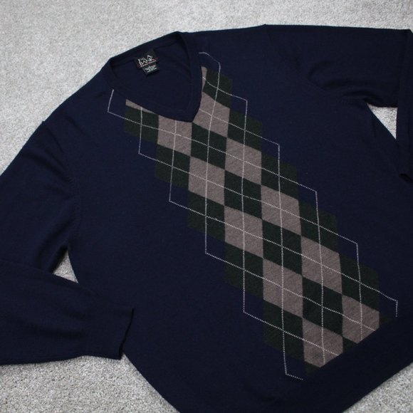 Jos A Bank Signature Series Sweater Vest Men Large Blue/Tan Argyle Merino Wool - Picture 5 of 10